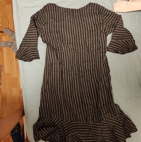 100% Linen Dress w Crew Neck, 3/4 Sleeves, Striped - Picture 4 of 7